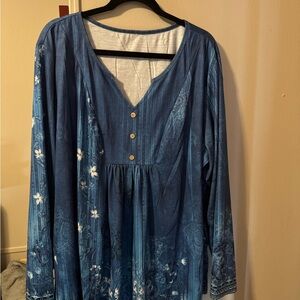 Blue Floral Long-Sleeve Women's Tunic Top